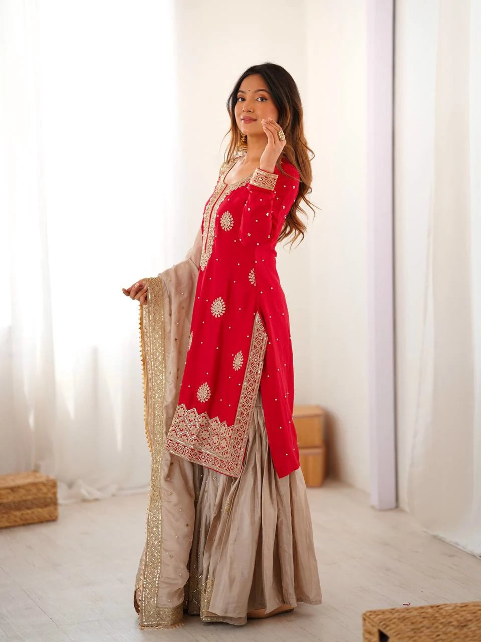 Graceful Red Kurti & Sharara Ensemble with Heavy Embroidered Dupatta