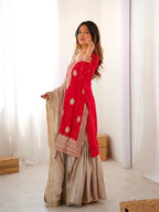 Graceful Red Kurti & Sharara Ensemble with Heavy Embroidered Dupatta