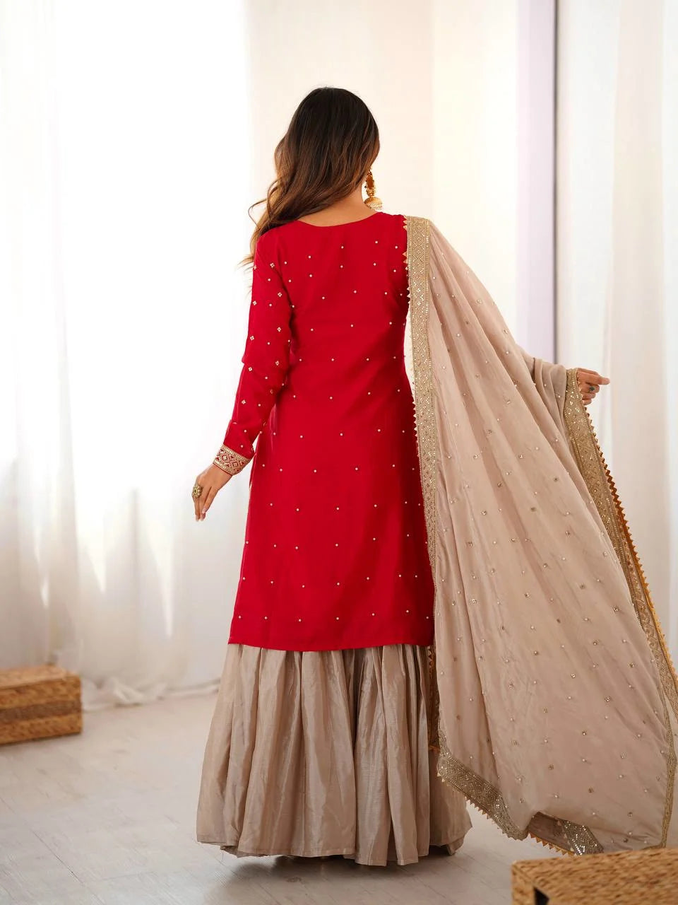 Graceful Red Kurti & Sharara Ensemble with Heavy Embroidered Dupatta