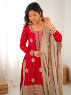 Graceful Red Kurti & Sharara Ensemble with Heavy Embroidered Dupatta
