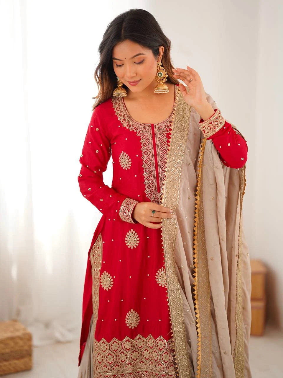 Graceful Red Kurti & Sharara Ensemble with Heavy Embroidered Dupatta