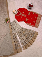 Graceful Red Kurti & Sharara Ensemble with Heavy Embroidered Dupatta