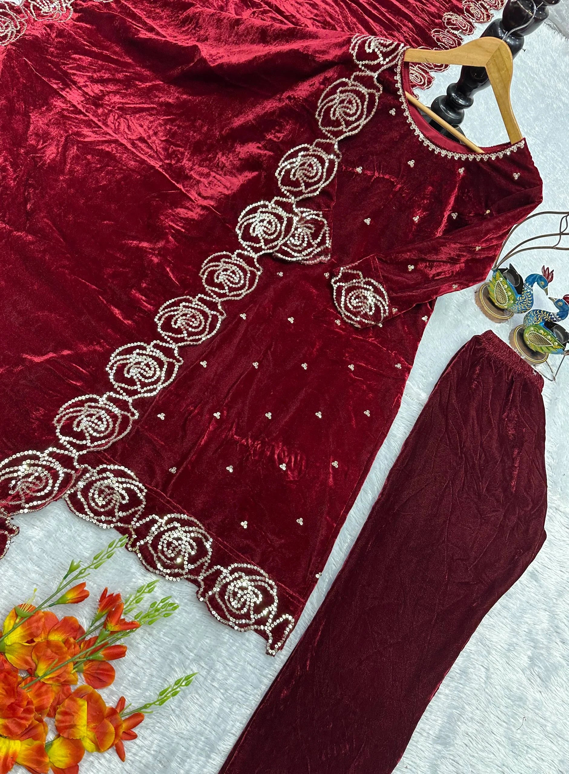 Designer Velvet Embroidery Suit with Matching Velvet Dupatta