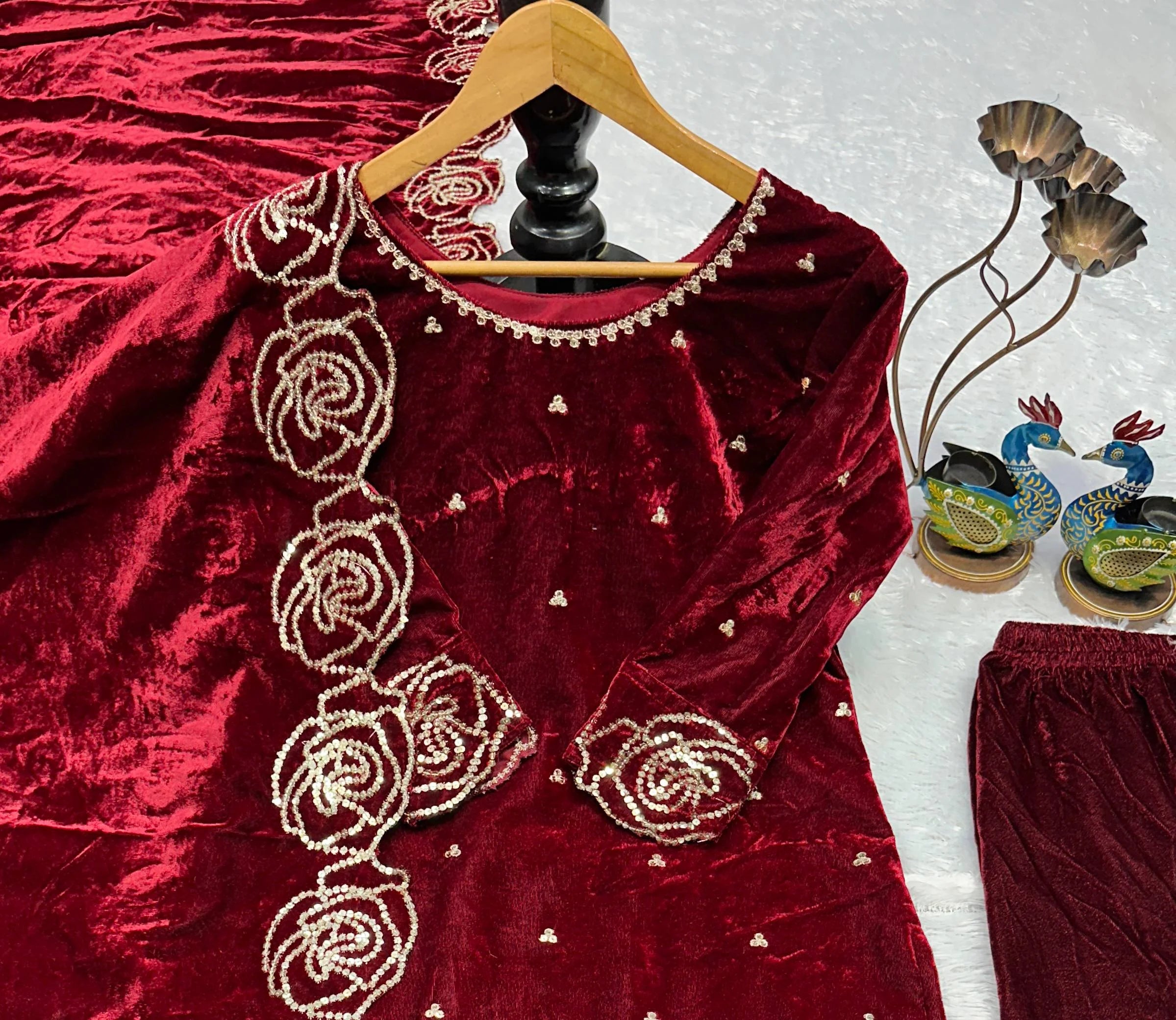 Designer Velvet Embroidery Suit with Matching Velvet Dupatta