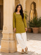 Casual Olive Green Cotton Bandhej Kurta With Farshi Pant Set for Women