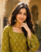 Casual Olive Green Cotton Bandhej Kurta With Farshi Pant Set for Women