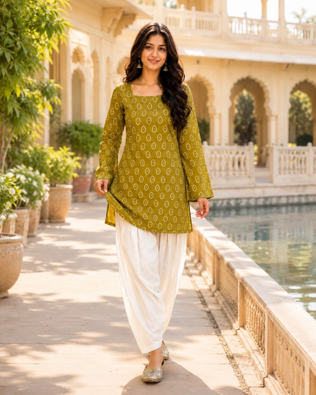 Casual Olive Green Cotton Bandhej Kurta With Farshi Pant Set for Women