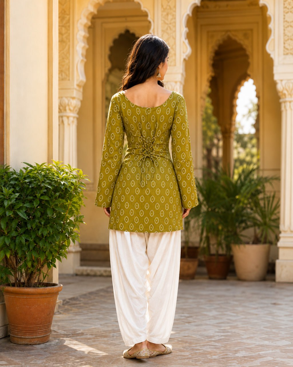 Casual Olive Green Cotton Bandhej Kurta With Farshi Pant Set for Women
