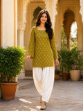 Casual Olive Green Cotton Bandhej Kurta With Farshi Pant Set for Women