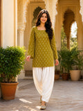Casual Olive Green Cotton Bandhej Kurta With Farshi Pant Set for Women