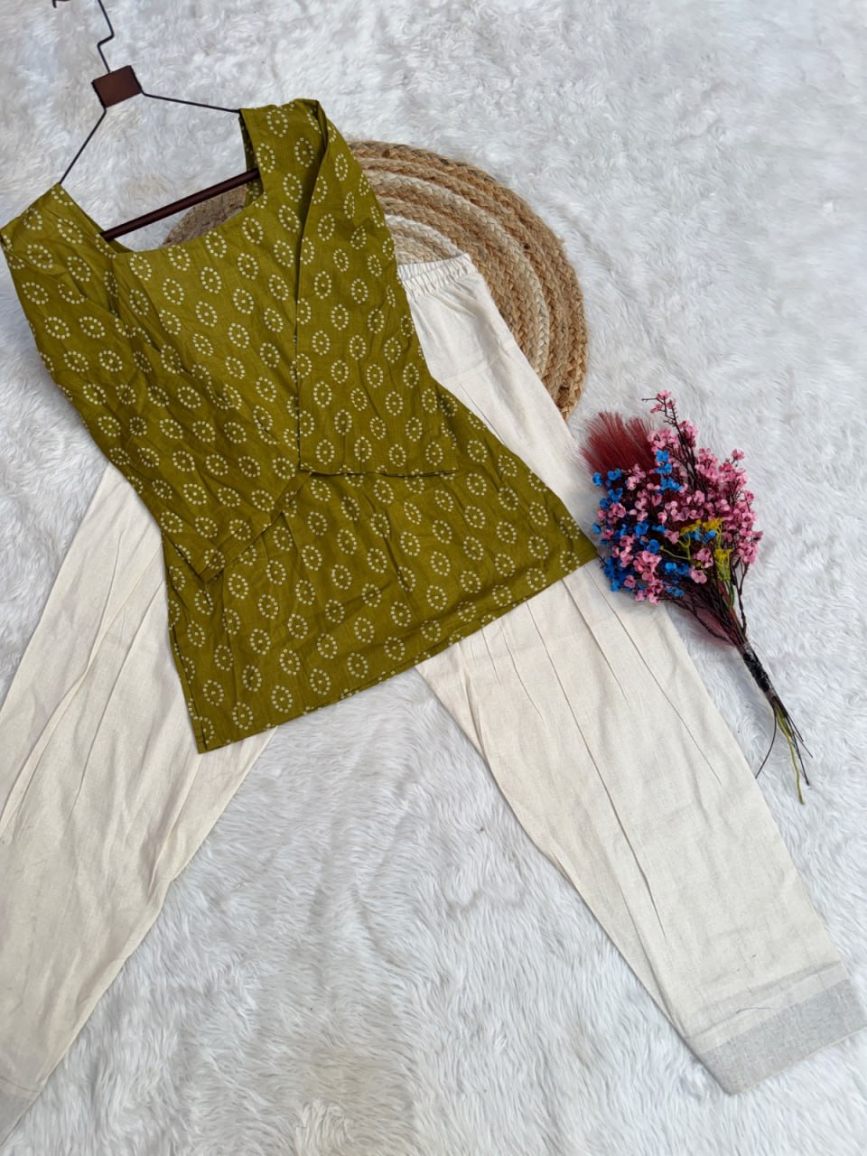 Casual Olive Green Cotton Bandhej Kurta With Farshi Pant Set for Women