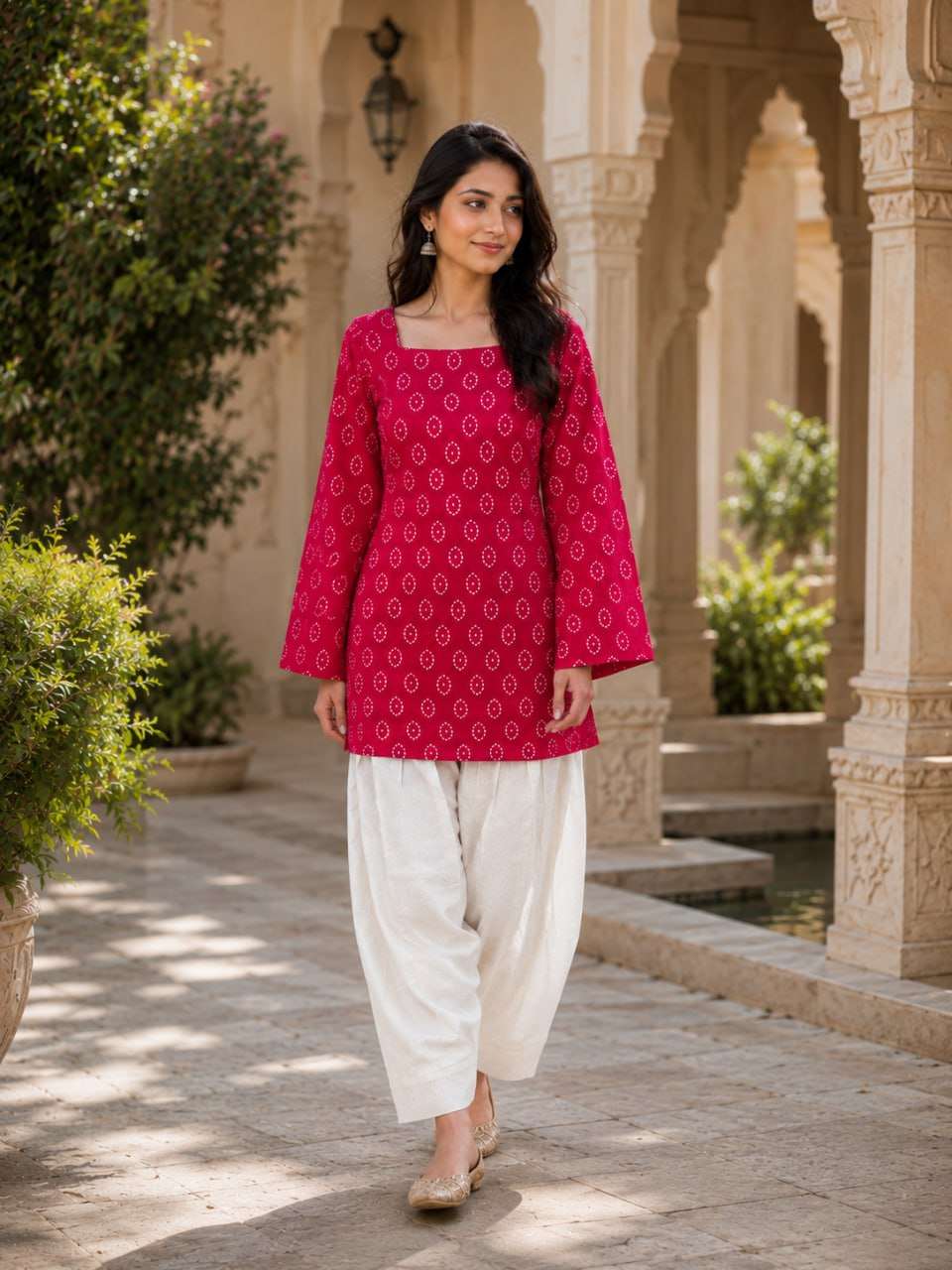 Indian Ethnic Wear Pink Bandhej Printed Kurta with Farshi Salwar