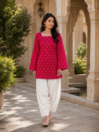 Indian Ethnic Wear Pink Bandhej Printed Kurta with Farshi Salwar