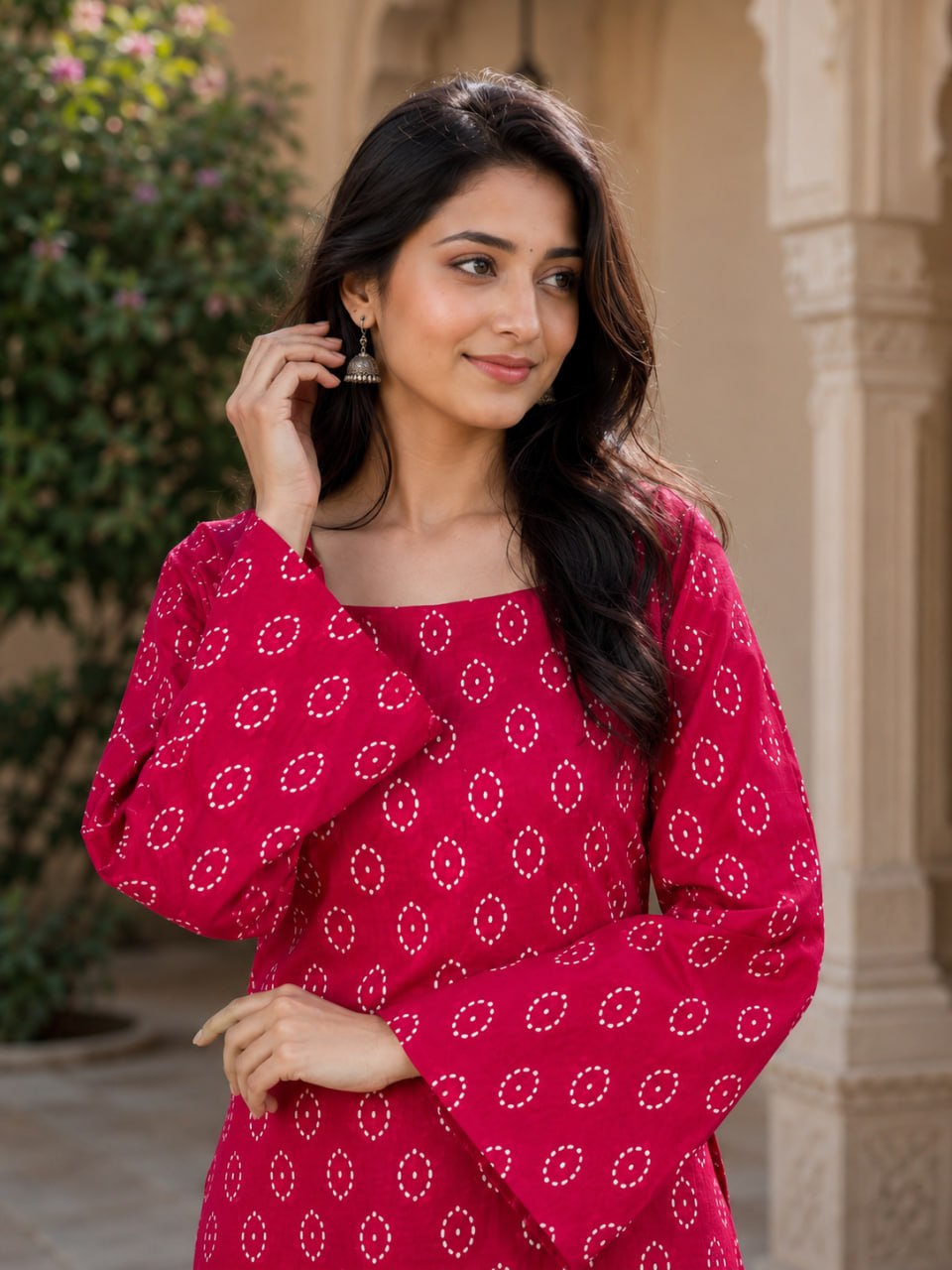 Indian Ethnic Wear Pink Bandhej Printed Kurta with Farshi Salwar