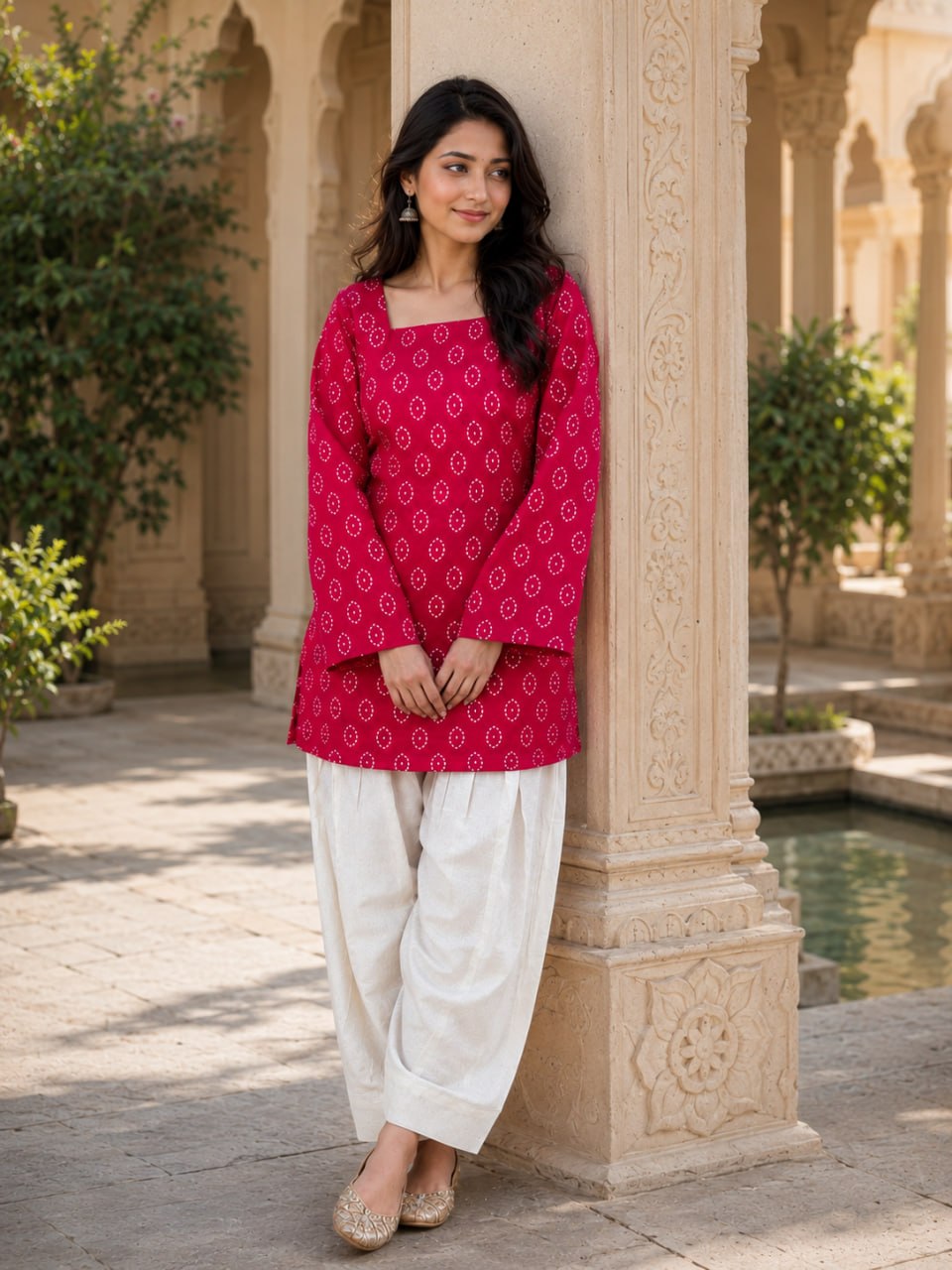 Indian Ethnic Wear Pink Bandhej Printed Kurta with Farshi Salwar