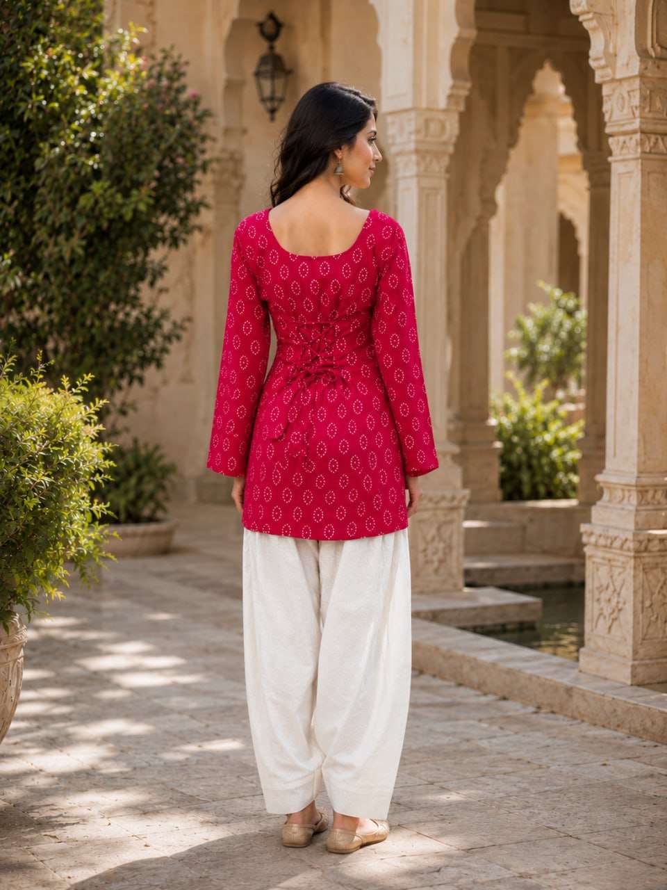 Indian Ethnic Wear Pink Bandhej Printed Kurta with Farshi Salwar