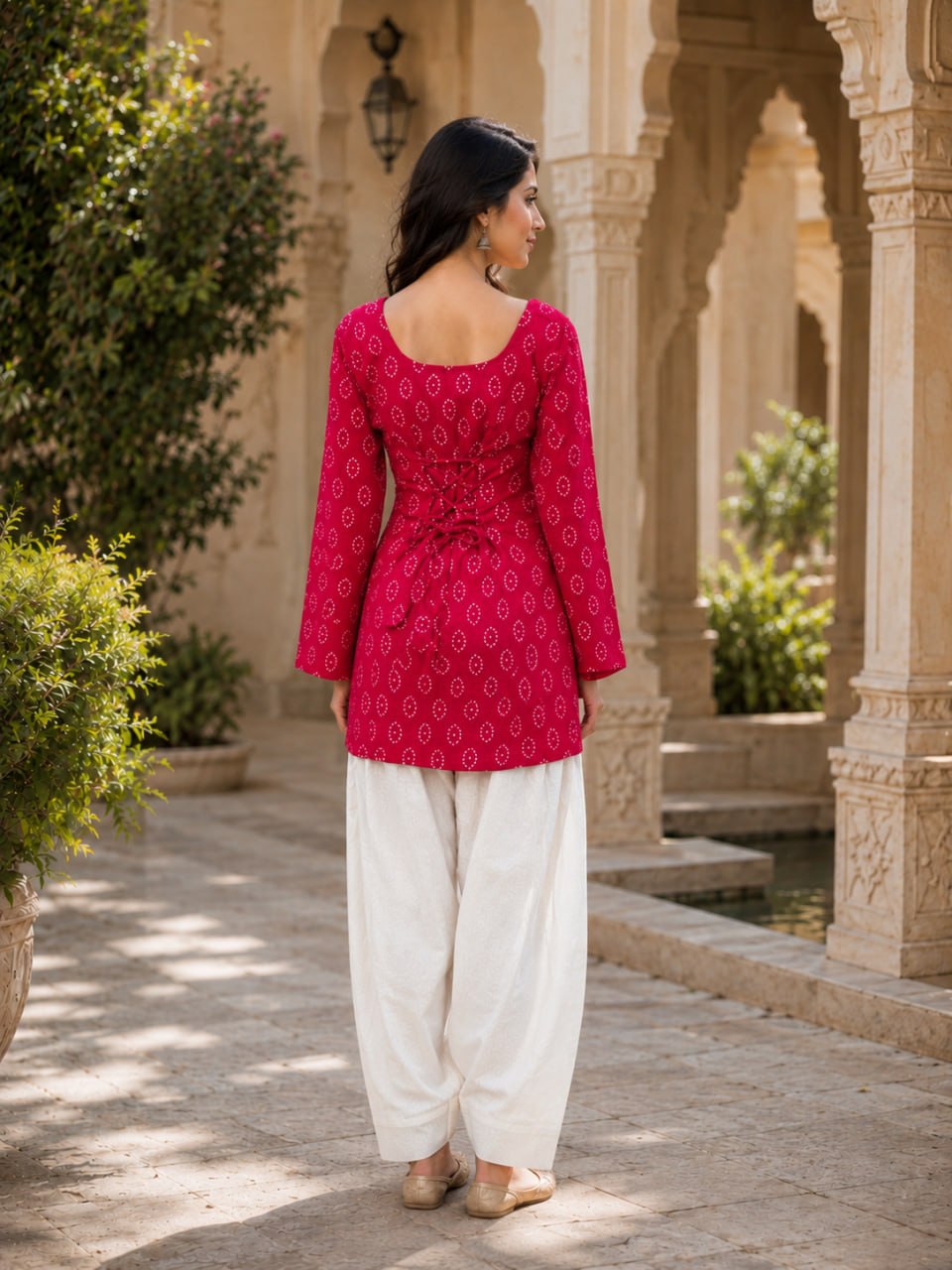 Indian Ethnic Wear Pink Bandhej Printed Kurta with Farshi Salwar