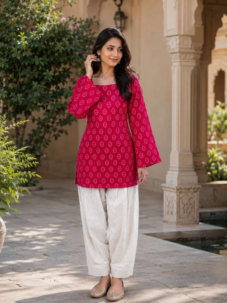 Indian Ethnic Wear Pink Bandhej Printed Kurta with Farshi Salwar