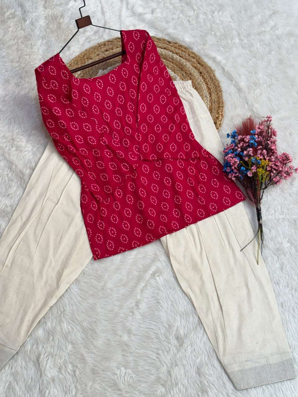 Indian Ethnic Wear Pink Bandhej Printed Kurta with Farshi Salwar