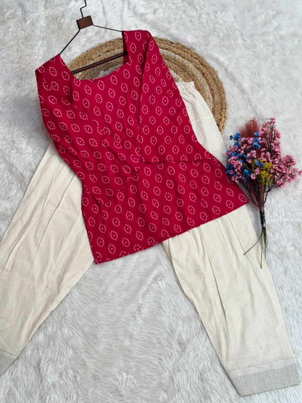 Indian Ethnic Wear Pink Bandhej Printed Kurta with Farshi Salwar