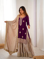Royal Purple Chinon Silk Sharara Set with Pearl Embroidery