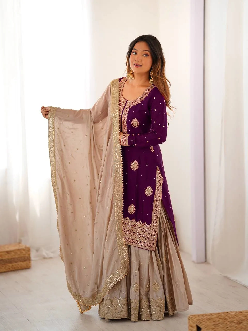 Royal Purple Chinon Silk Sharara Set with Pearl Embroidery