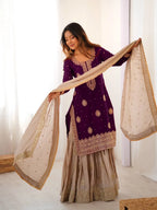 Royal Purple Chinon Silk Sharara Set with Pearl Embroidery