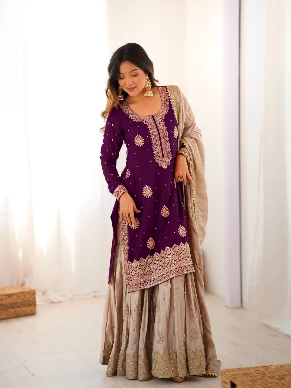 Royal Purple Chinon Silk Sharara Set with Pearl Embroidery