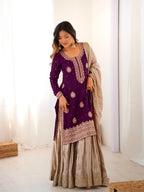Royal Purple Chinon Silk Sharara Set with Pearl Embroidery