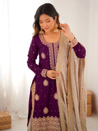 Royal Purple Chinon Silk Sharara Set with Pearl Embroidery