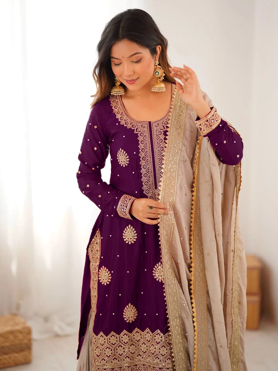 Royal Purple Chinon Silk Sharara Set with Pearl Embroidery