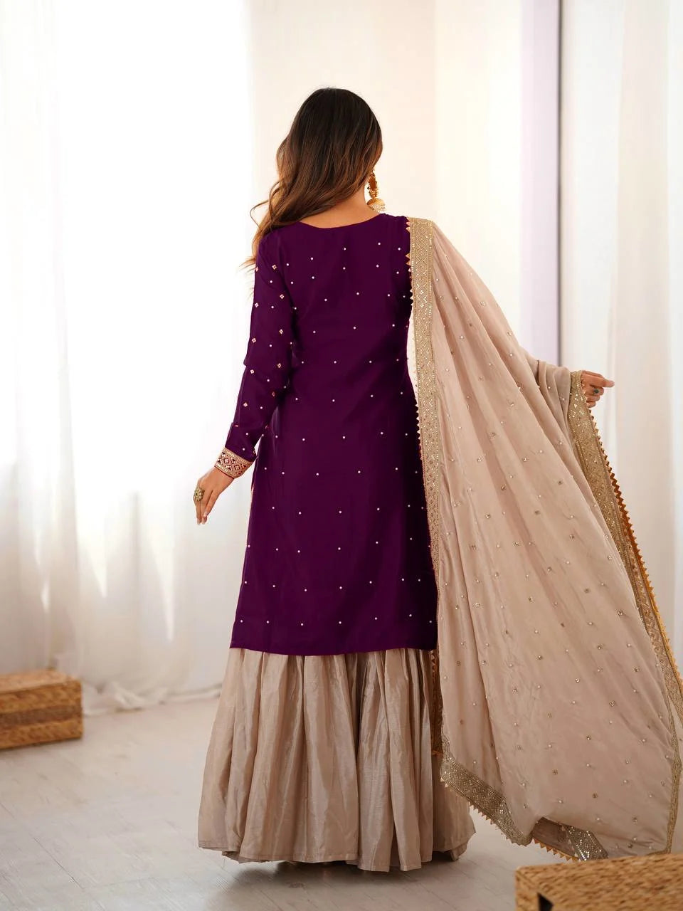 Royal Purple Chinon Silk Sharara Set with Pearl Embroidery