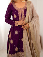 Royal Purple Chinon Silk Sharara Set with Pearl Embroidery