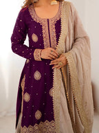 Royal Purple Chinon Silk Sharara Set with Pearl Embroidery