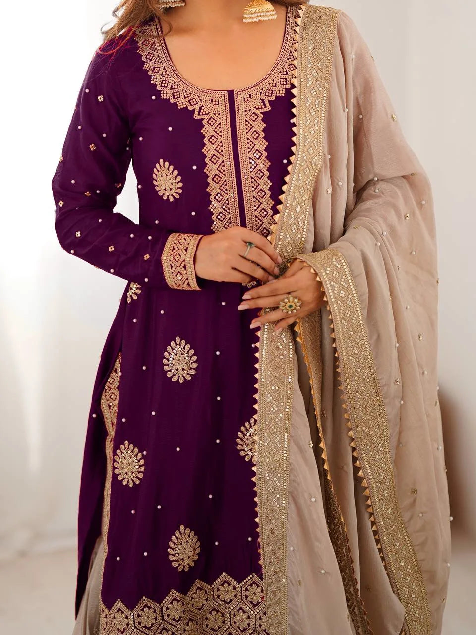 Royal Purple Chinon Silk Sharara Set with Pearl Embroidery