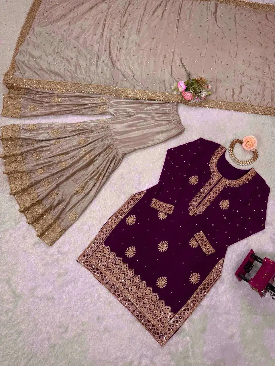 Royal Purple Chinon Silk Sharara Set with Pearl Embroidery