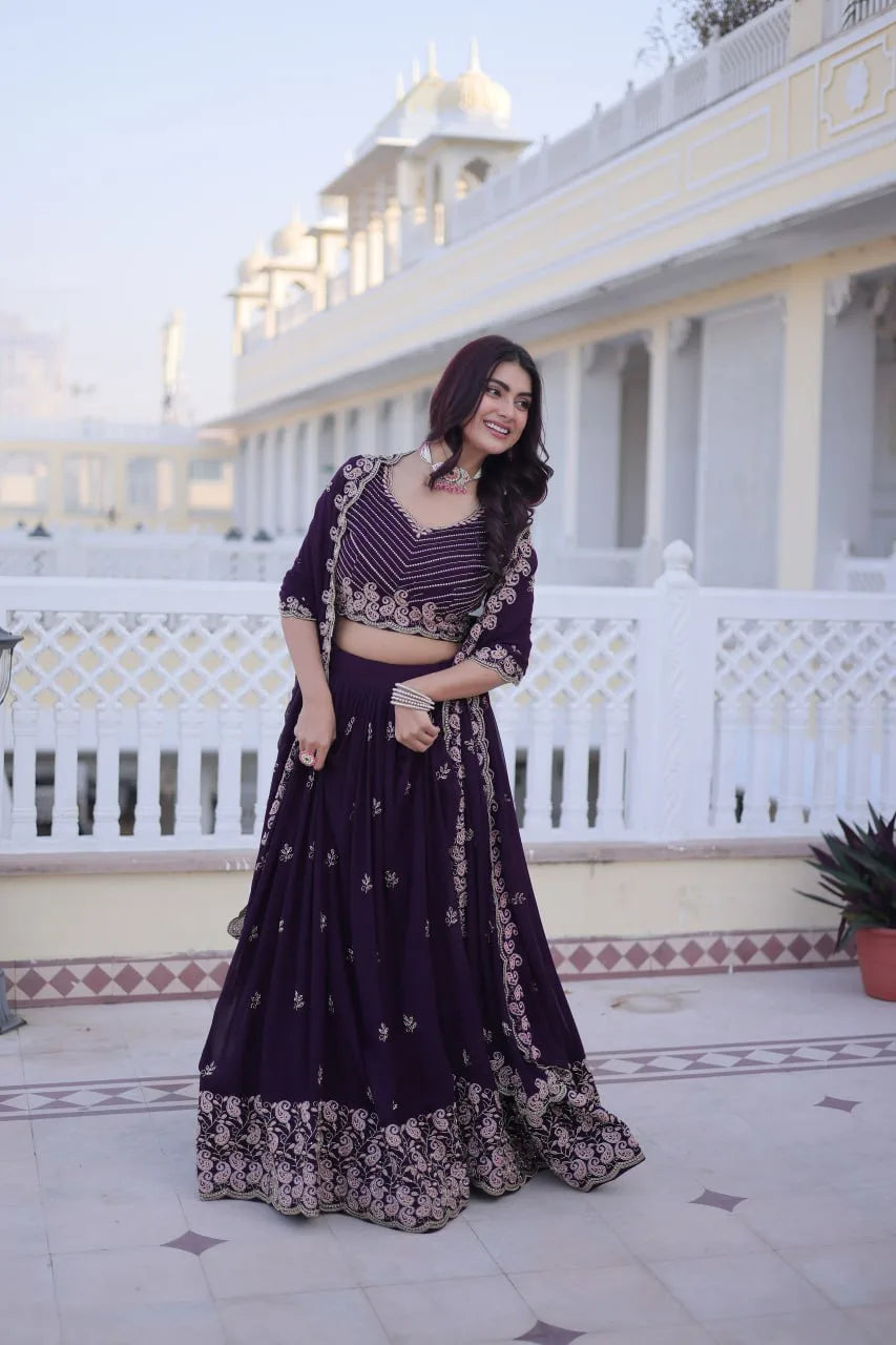 Designer Full-Stitched Lehenga with Sequins Zari Work & Lace Border Dupatta