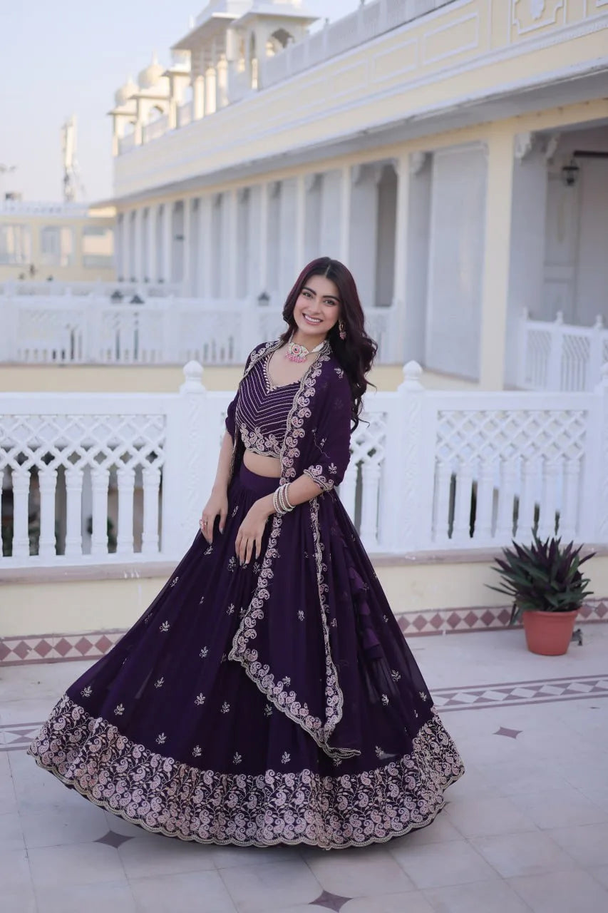 Designer Full-Stitched Lehenga with Sequins Zari Work & Lace Border Dupatta