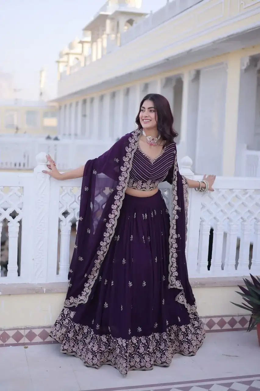 Designer Full-Stitched Lehenga with Sequins Zari Work & Lace Border Dupatta