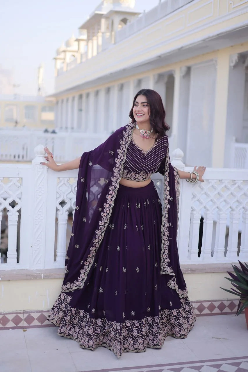 Designer Full-Stitched Lehenga with Sequins Zari Work & Lace Border Dupatta