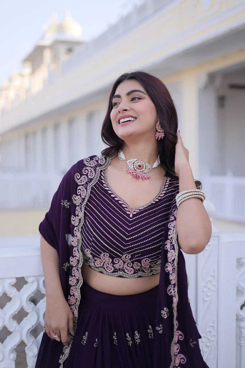 Designer Full-Stitched Lehenga with Sequins Zari Work & Lace Border Dupatta
