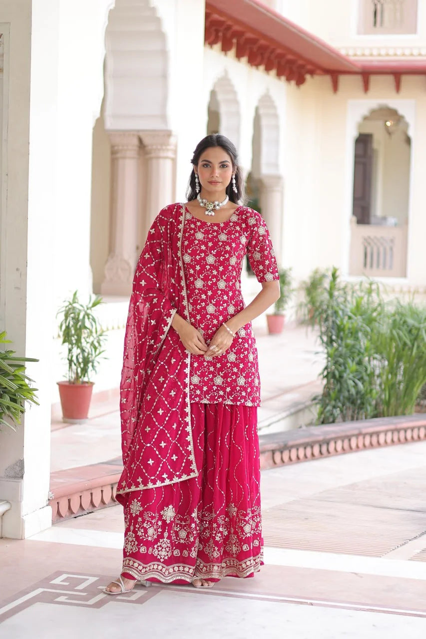 Designer 3-Piece Embroidered Kurti, Sharara & Dupatta Set