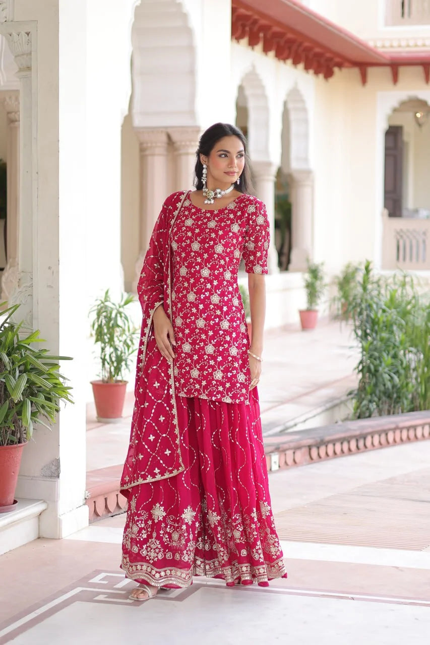 Designer 3-Piece Embroidered Kurti, Sharara & Dupatta Set