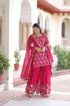 Designer 3-Piece Embroidered Kurti, Sharara & Dupatta Set