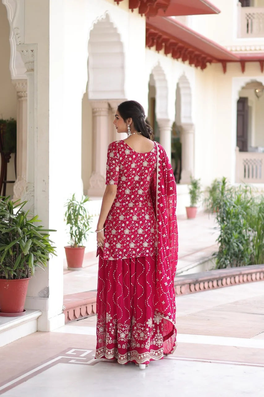 Designer 3-Piece Embroidered Kurti, Sharara & Dupatta Set