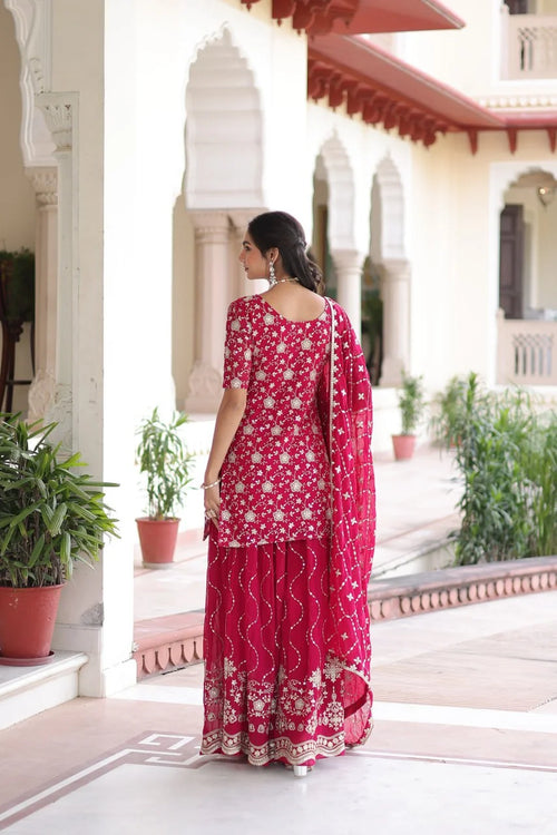 Designer 3-Piece Embroidered Kurti, Sharara & Dupatta Set
