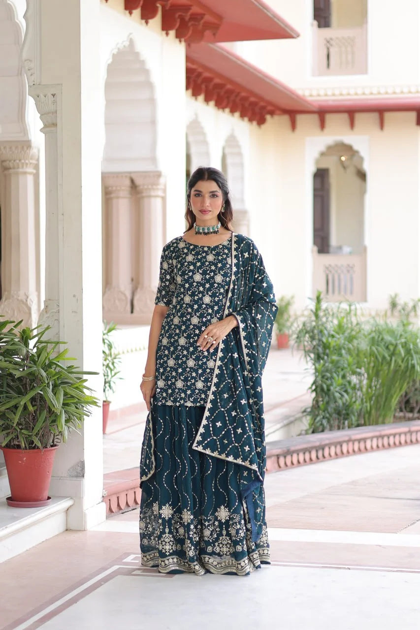 Rich Faux Georgette Embroidered Kurtiâ€“Sharara Suit