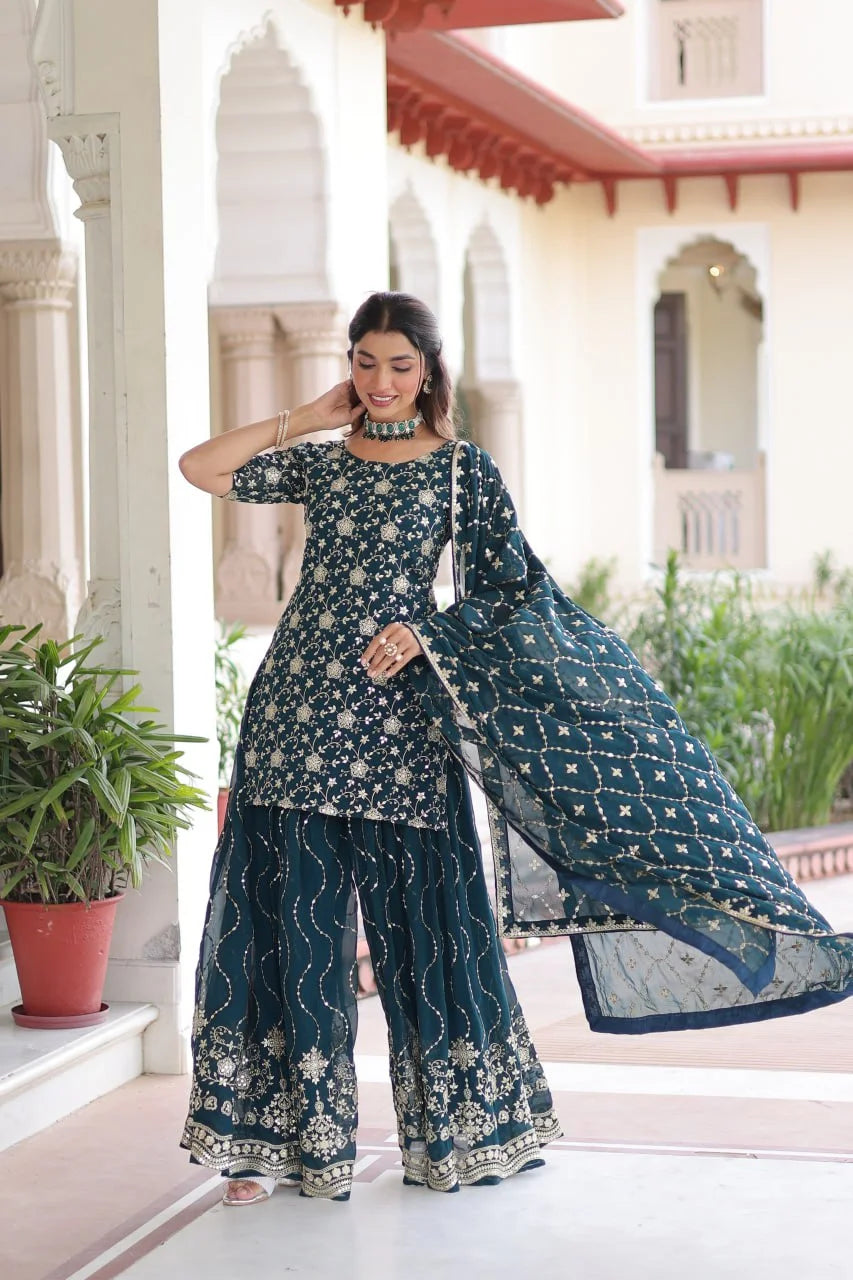 Rich Faux Georgette Embroidered Kurtiâ€“Sharara Suit