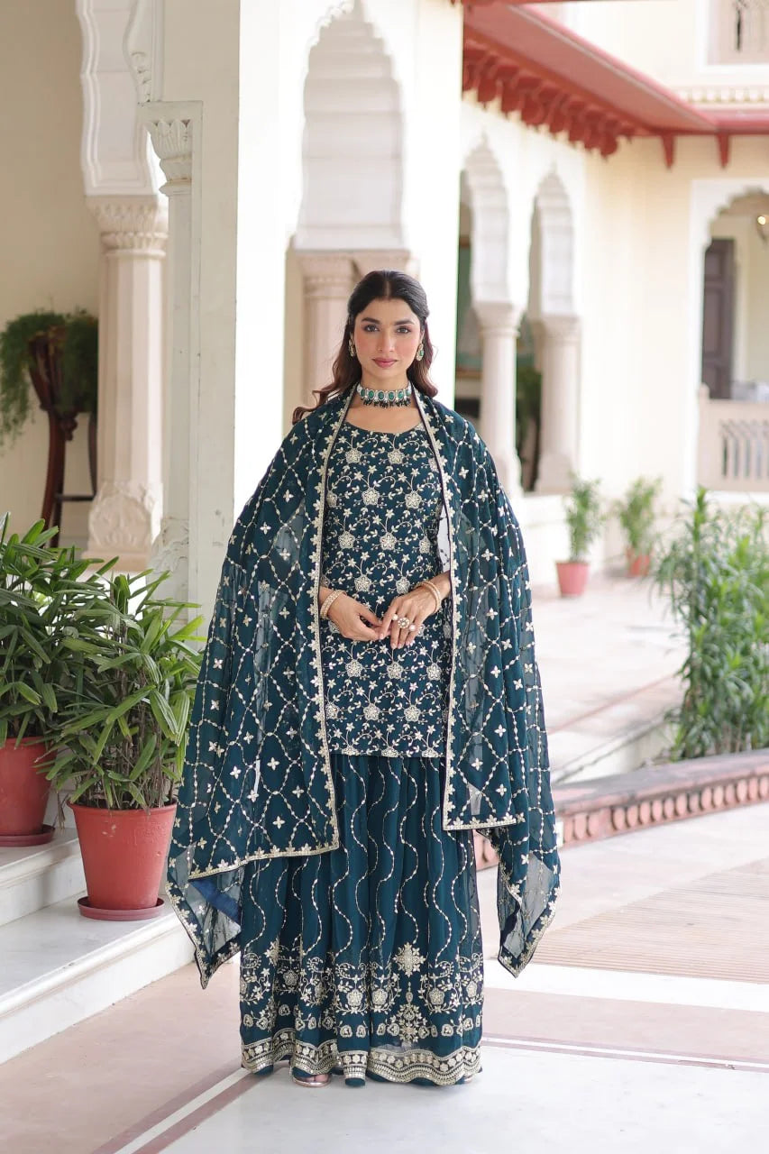 Rich Faux Georgette Embroidered Kurtiâ€“Sharara Suit
