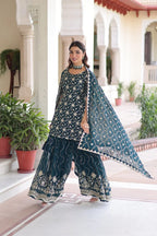 Rich Faux Georgette Embroidered Kurtiâ€“Sharara Suit